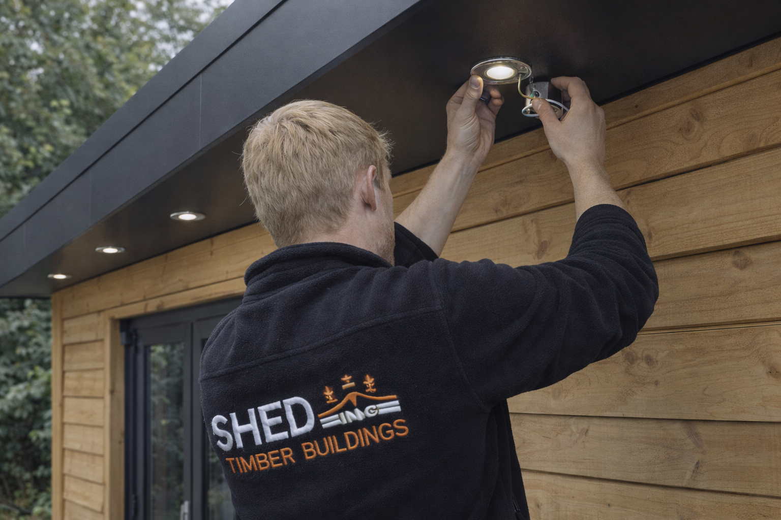 Second fix electrics being installed in a completed garden room