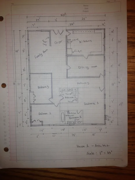 Rough hand drawn floor plan sketch showing walls, doors and windows